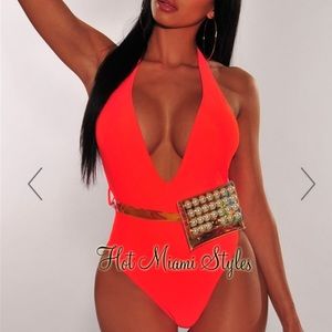 HotMiamiStyles Tangerine Belted Swimsuit - Medium